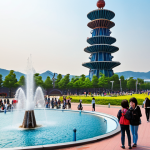 **

A vibrant and nostalgic scene of Expo Science Park in Daejeon, South Korea. Feature the Hanbit Tower prominently, with people enjoying the park and the musical fountain in the background. Capture the feeling of excitement and wonder associated with the Daejeon Expo.

**