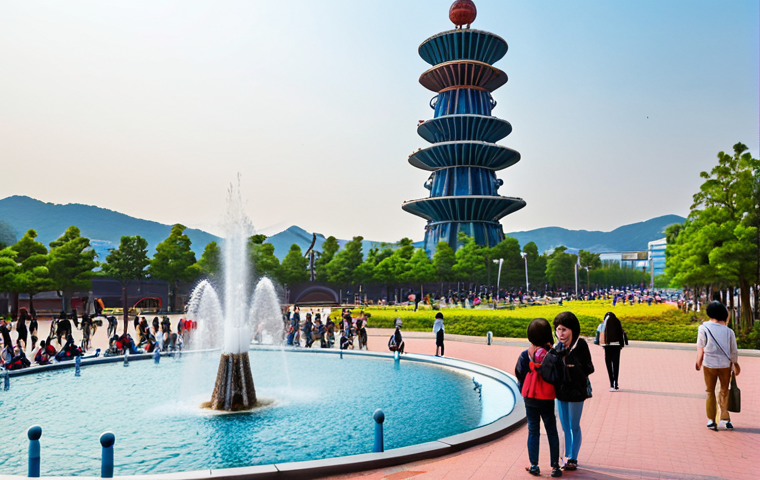 **
A vibrant and nostalgic scene of Expo Science Park in Daejeon, South Korea. Feature the Hanbit Tower prominently, with people enjoying the park and the musical fountain in the background. Capture the feeling of excitement and wonder associated with the Daejeon Expo.
**
